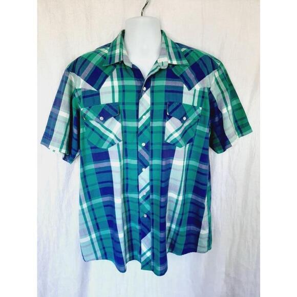 Men's Wrangler Green and Blue Plaid Short Sleeve Shirt Size 17.5 - Picture 2 of 4